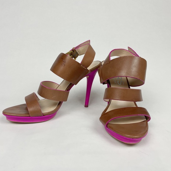 Michael Kors Leather Sandal Luggage Brown with Fuchsia Size 6 US - Picture 1 of 5